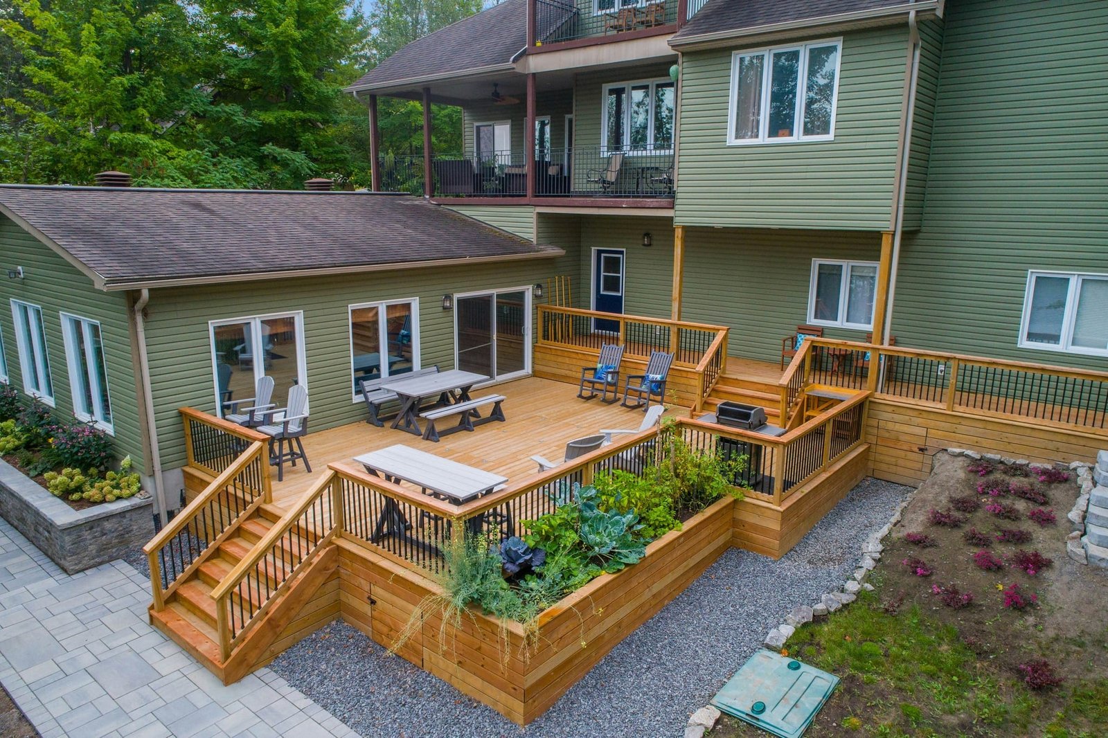 wood deck surrounded by beautiful landscaping in Greenville County, SC